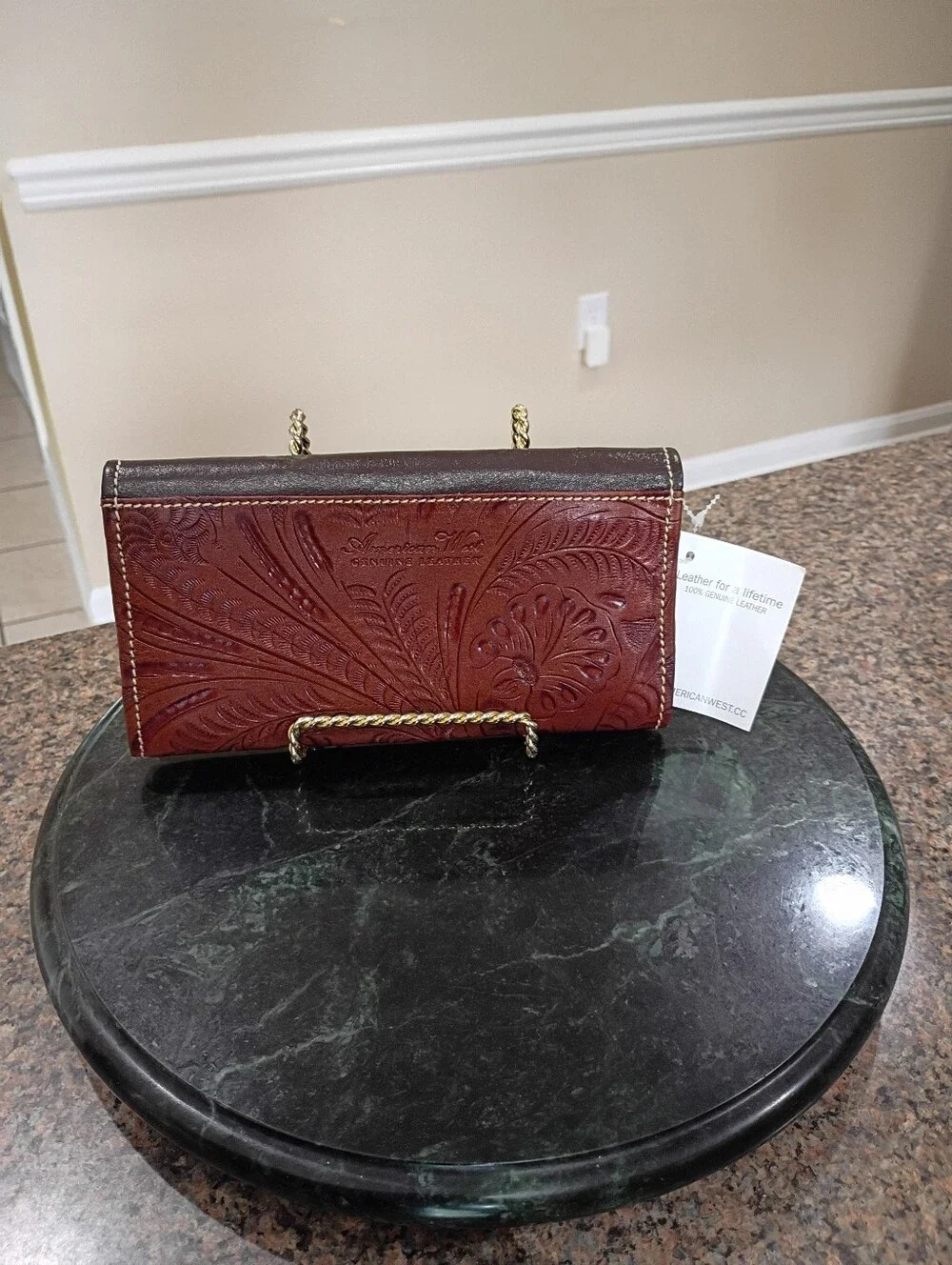 American West Handcrafted Brown Leather Clutch with Red Rose Embroidery